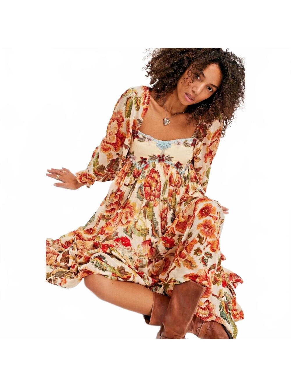 Free People Timeless Tapestry Maxi Dress floral embroidered detailing Sz S #1297
